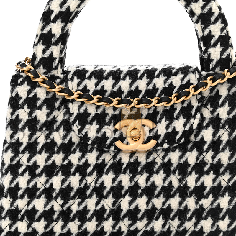 Ch*el tweed houndstooth quilted nano kelly shopper black white as4416 (19*13*7cm)